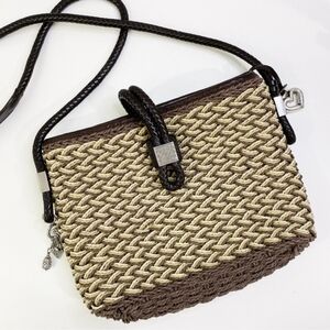 VINTAGE Brighton Woven Straw Leather Shoulder Crossbody Bag Purse Olive Brown
